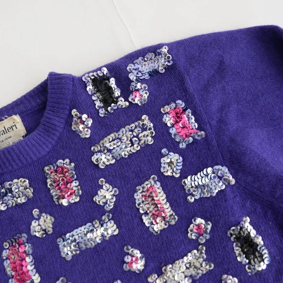 Vintage Franco Valeri Purple w Silver & Pink Embellishments CrewNeck  Sweater S - Picture 11 of 13